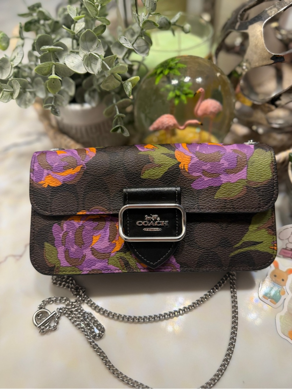 Coach Floral Chain Crossbody Wallet - Purple, Green on Brown